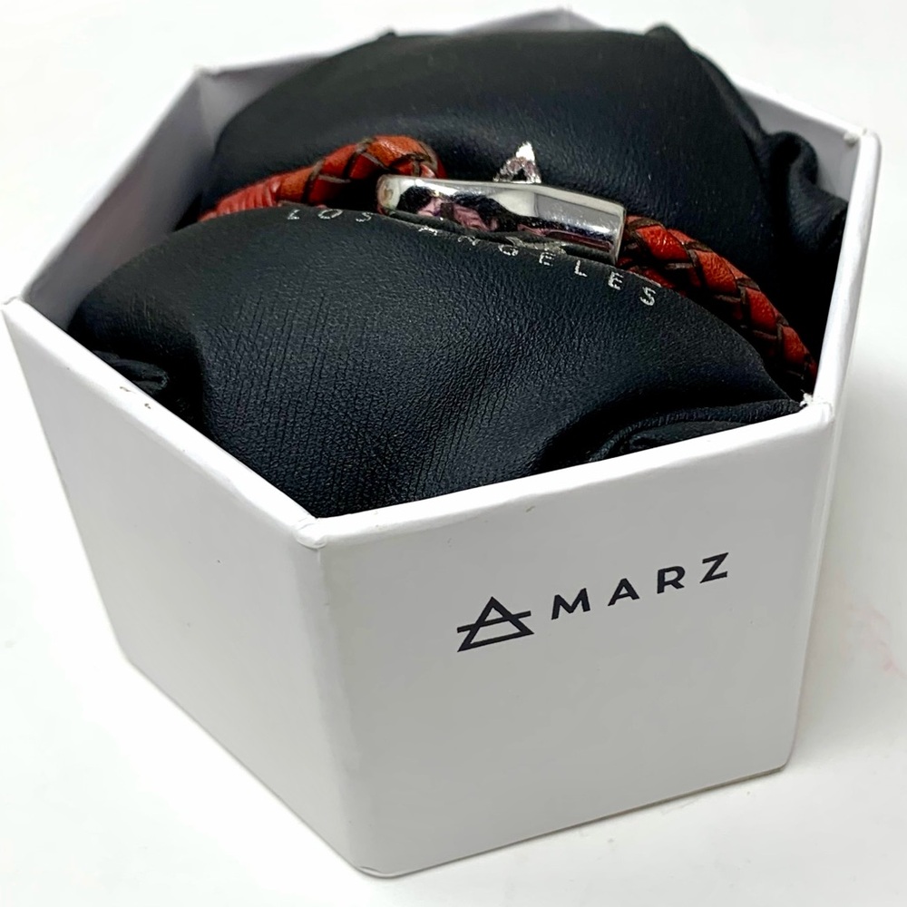 MARZ Men’s Double braided red leather bracelet with polished silver tone clasp